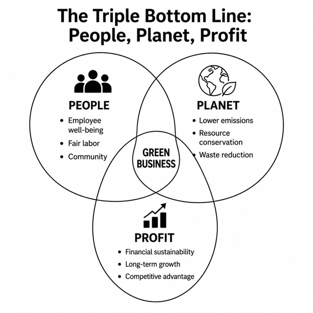 Diagram illustrating the Triple Bottom Line framework showing the overlap between People, Planet, and Profit, with Green Business at the center.