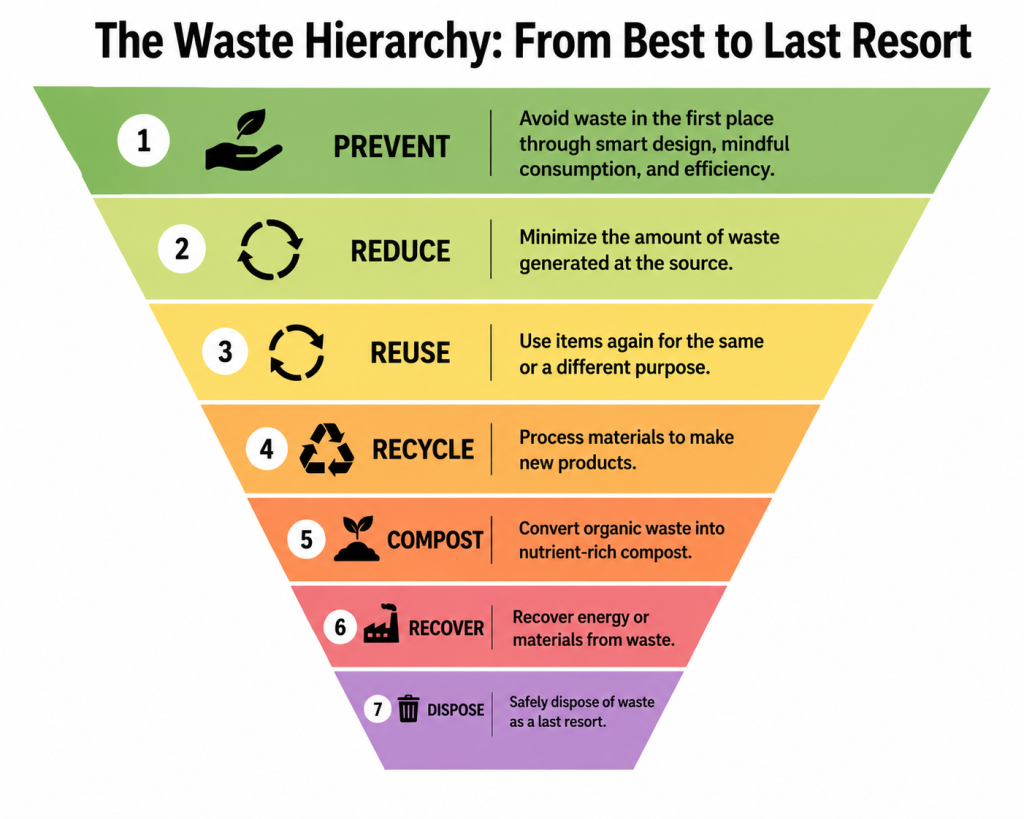 Waste hierarchy infographic showing seven levels from Prevent to Dispose in descending order of environmental preference.