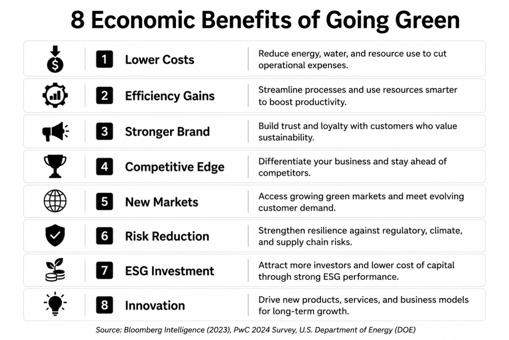 Infographic highlighting eight economic benefits of adopting green business practices.