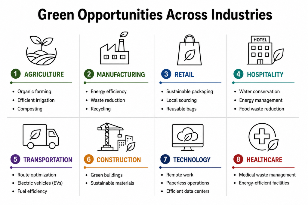 Industry infographic showing sustainability opportunities across agriculture, manufacturing, retail, hospitality, transportation, construction, technology, and healthcare.