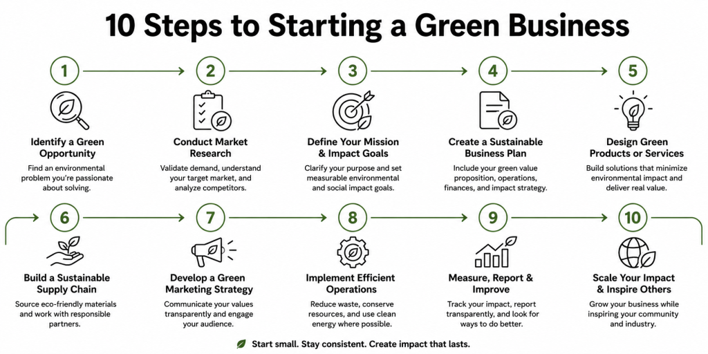 Step-by-step infographic outlining ten practical steps for starting a successful green business.