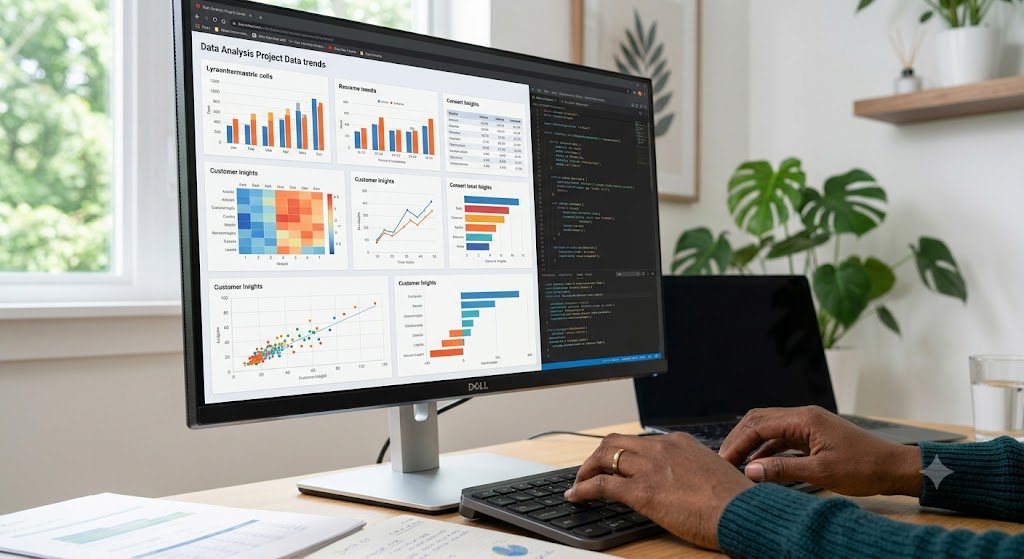 Close-up of a Black woman's hands typing on a keyboard in front of a computer monitor displaying a detailed data analysis dashboard with charts and graphs, set in a serene, minimalist office with green plants.
