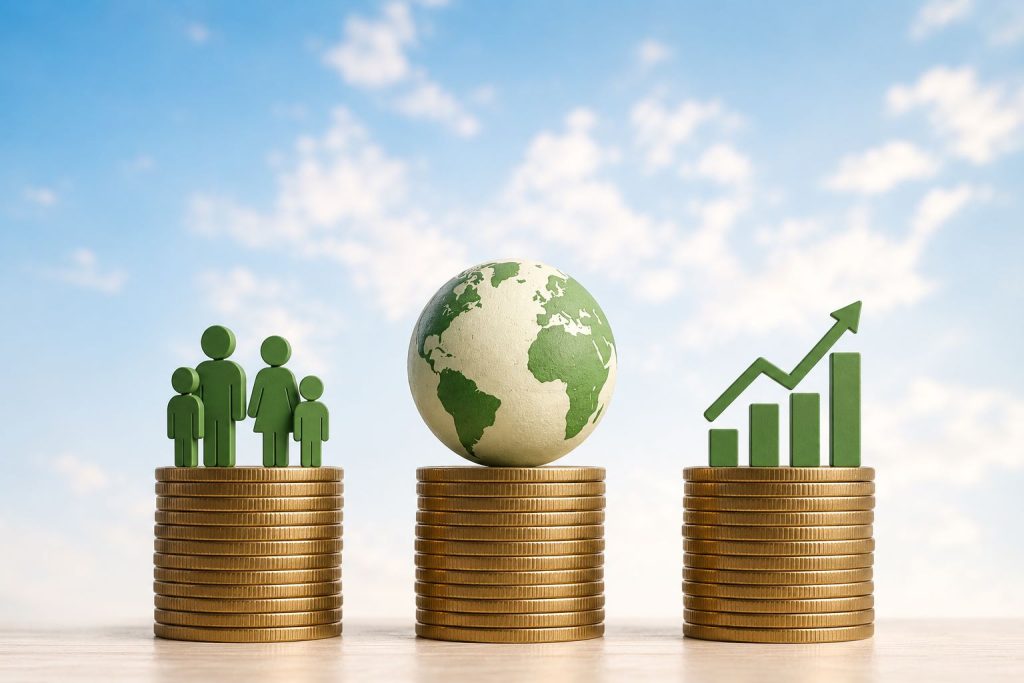 Conceptual image showing three stacks of coins supporting symbols of people, the planet, and economic growth against a blue sky, representing the three pillars of sustainability.