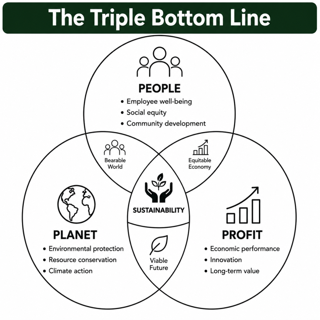 Triple Bottom Line Venn diagram showing People, Planet, Profit, and Sustainability.
