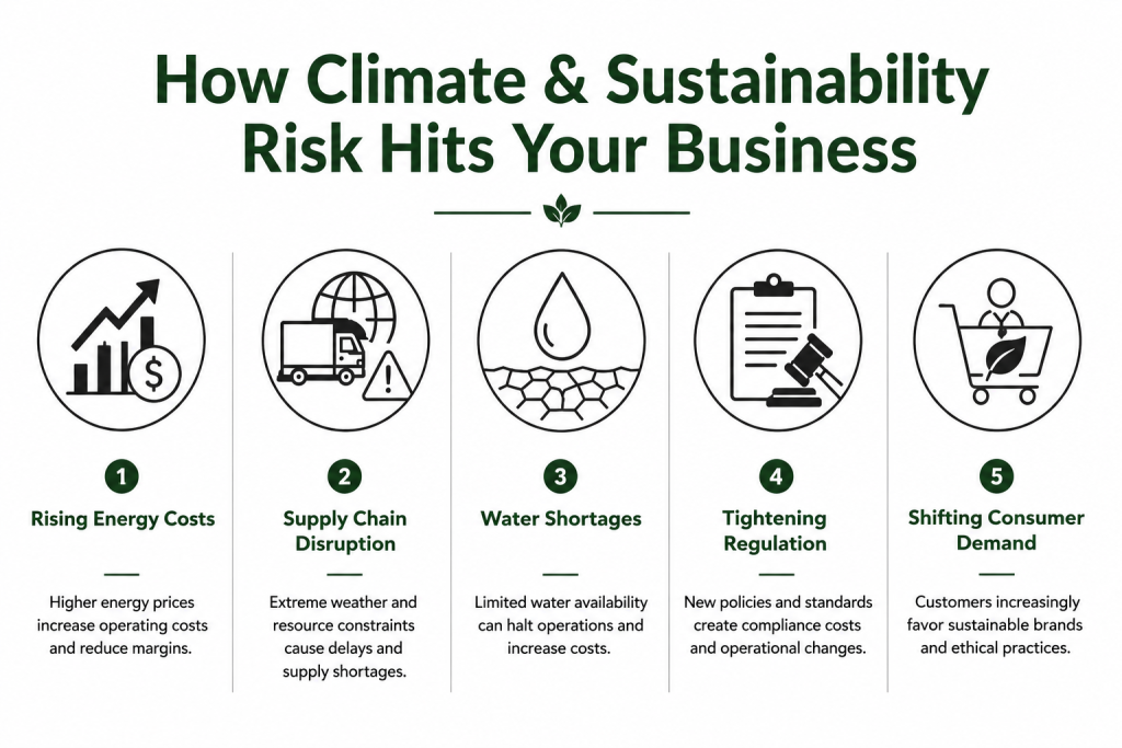 Horizontal infographic showing five ways climate and sustainability risks affect businesses: rising energy costs, supply chain disruption, water shortages, tightening regulations, and shifting consumer demand.