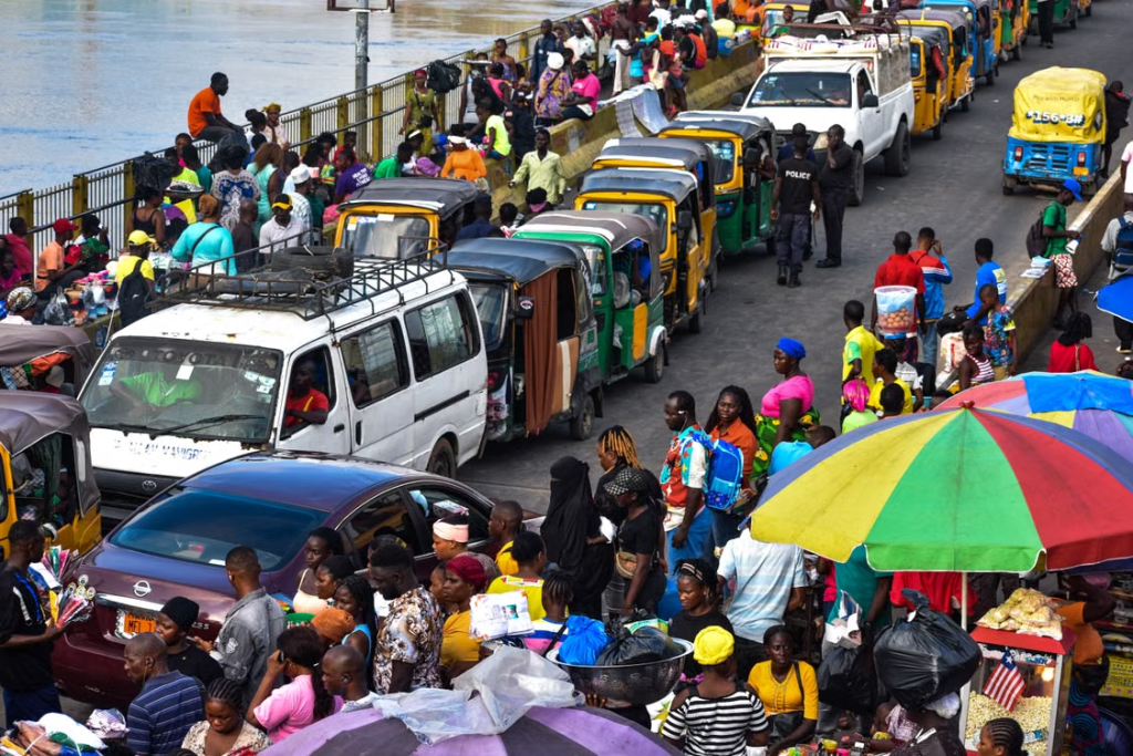 Colorful scene of a bustling market and traffic
