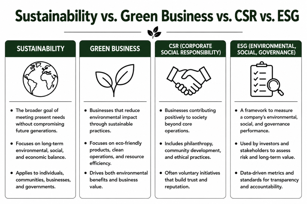 Comparison infographic explaining the differences between Sustainability, Green Business, Corporate Social Responsibility (CSR), and Environmental, Social, and Governance (ESG), with four side-by-side columns highlighting each concept's purpose and key characteristics.