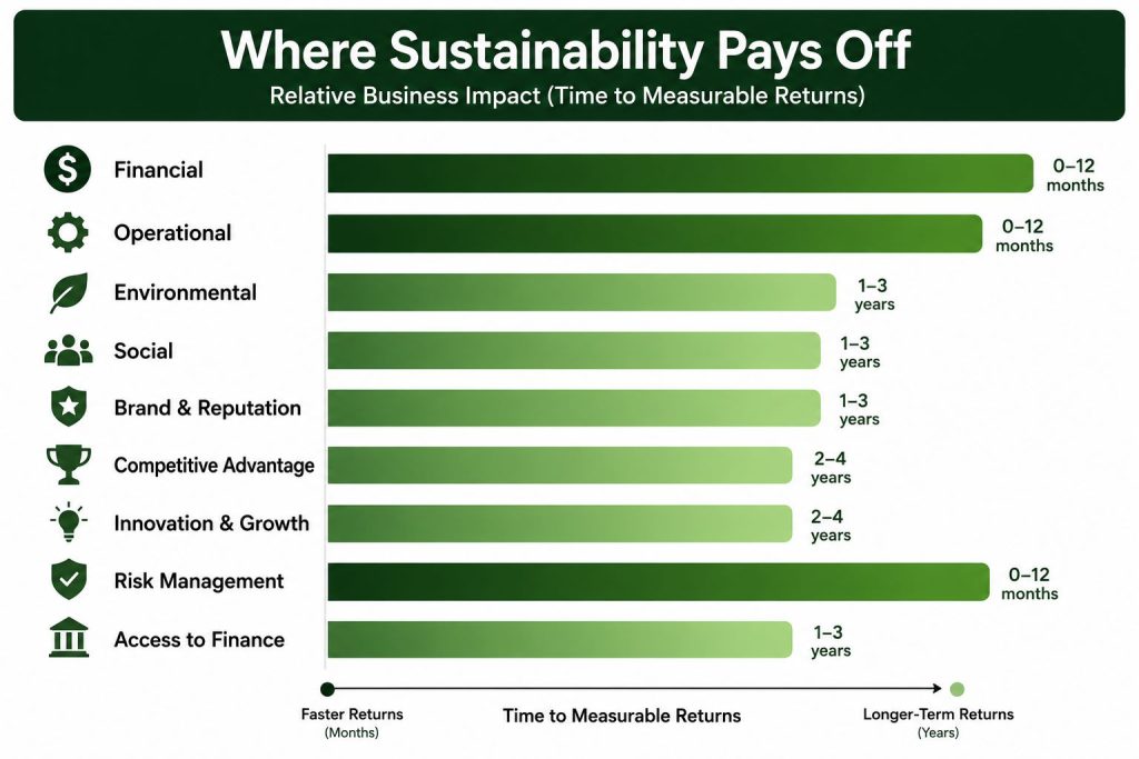 Bar chart comparing the relative business impact of nine sustainability benefits, with Financial, Operational, and Risk Management showing the strongest returns.